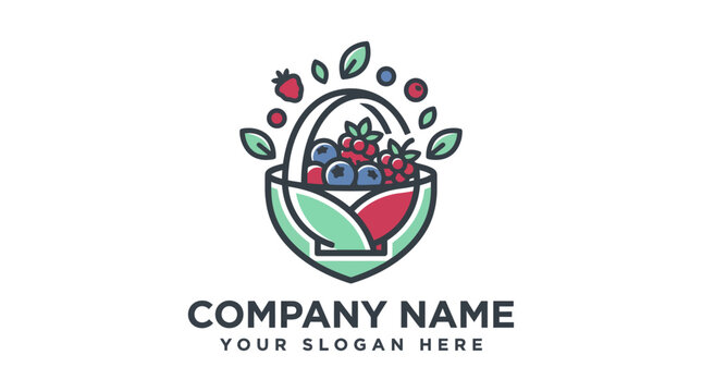 Minimalist basket of fresh mixed berries and green leaves logo design.