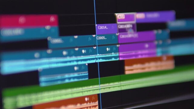 4K video of a professional video editing timeline. Stacking and trimming footage, media, and editing for film or broadcasting.