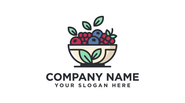 Minimalist bowl of fresh mixed berries logo design.