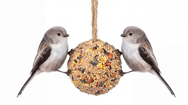 Two long tailed tits perched on a fat ball bird feeder made with various seeds and nuts hanging on white background