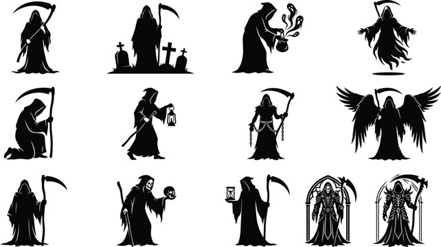 Collection of grim reaper silhouettes for halloween design projects featuring various death figures and spooky scythe poses