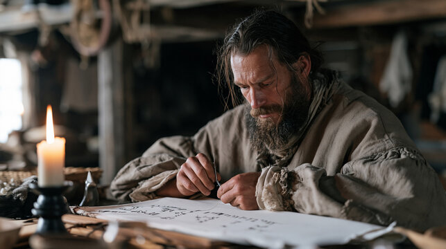 Sailmaker working by candlelight in a cramped workshop, a candid unposed moment of needle pushing through heavy canvas with real effort, work life balance questioned in the late