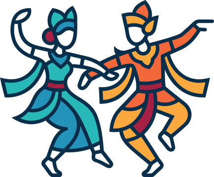Traditional thai dancers wearing vibrant blue and orange costumes performing folk dance in elegant poses with cultural attire.