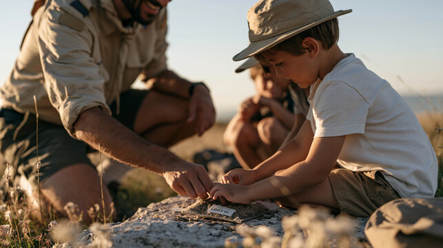 Scout troop leader at golden hour guiding children through a wildflower meadow, close up on small hands pressing seeds into a soil packet labeled with a hopeful name, IVF journey