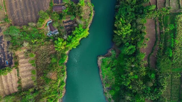 Aerial view of the Brantas River flowing through the lush landscape near the PLTA Sengguruh hydroelectric facility, Malang, East Java, Indonesia.