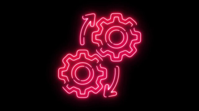 Red neon glowing gears or cogs symbol with upward and downward arrows representing workflow, mechanism, and process