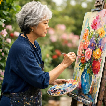 Mature woman artist paints a vibrant floral canvas on an easel in a lush garden, holding a palette and brush during an outdoor creative session.