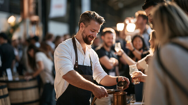 Master distiller working in a crowded craft spirits festival hall, surrounded by enthusiastic tasters jostling at barrel stations, pouring from a copper sample vessel while
