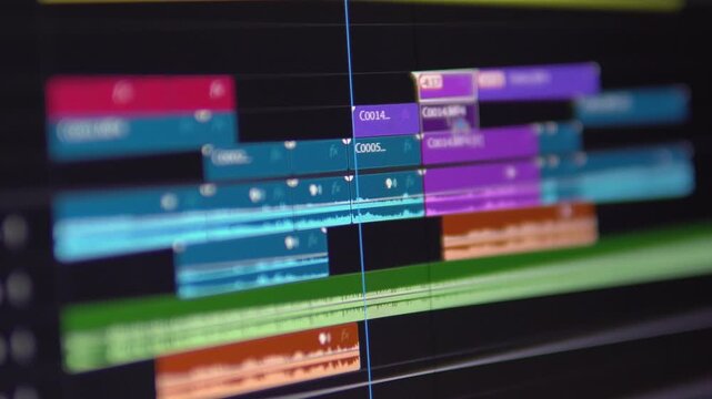 4K video of a professional video editing timeline. Stacking and trimming footage, media, and editing for film or broadcasting.