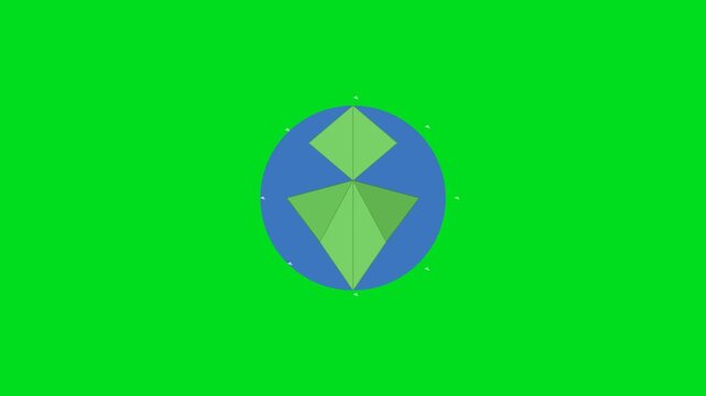 Abstract geometric shape consisting of green polygons on a blue circular base