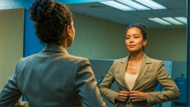 Woman adjusting blazer in mirror before important meeting
