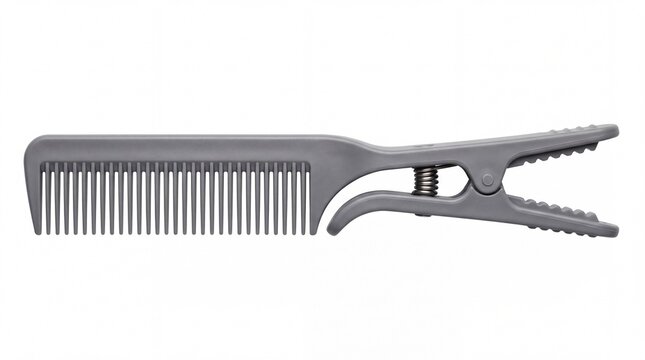 Grey plastic hair comb with integrated spring clip handle for professional salon styling and haircutting isolated on white background