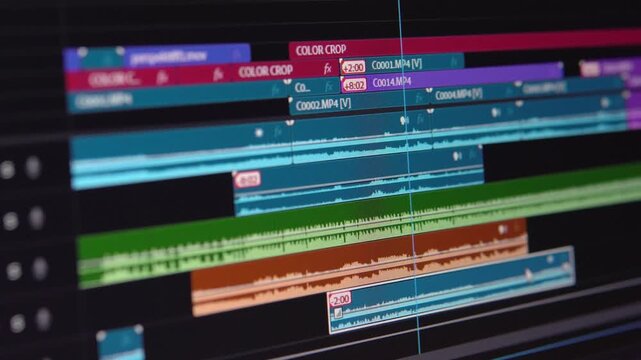 4K video of a professional video editing timeline. Stacking and trimming footage, media, and editing for film or broadcasting.