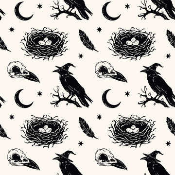Vintage Halloween seamless pattern with ravens wearing witch hats, bird skulls, crescent moons, stars and nests with eggs. Hand drawn monochrome gothic design with a mystical atmosphere