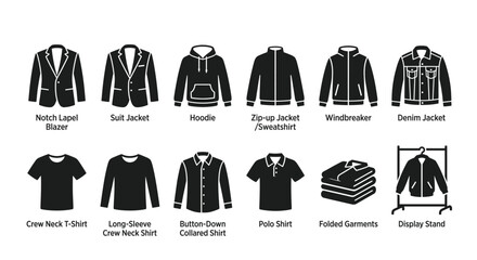 Set of mens clothing icons including jackets, shirts, hoodie, and display stand, vector illustration © TAHSIN