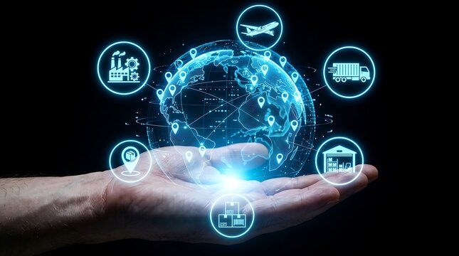 Hand holding digital globe with global logistics and supply chain network icons
