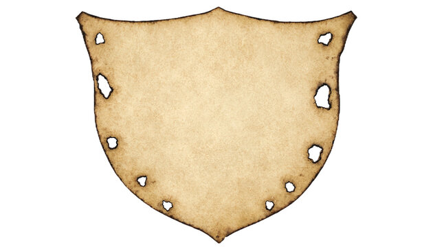 Aged vintage parchment paper shield shaped blank scroll with burnt edges for medieval designs
