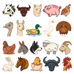 Naklejka premium Big Bundle Of Cute Farm Animals And Birds Flat Cartoon Vector Icon Set