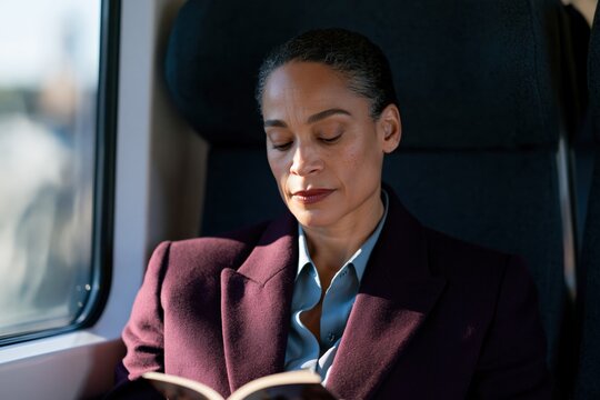 Businesswoman reading a book on a train during commute for corporate lifestyle background and travel poster design