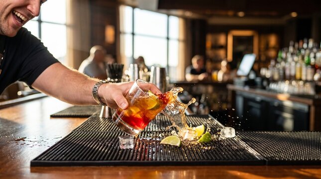 Bar mat with spilled drink, Bartender spills cocktail and ice on bar counter in busy lounge