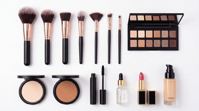 Professional makeup brushes and various cosmetic beauty products arranged neatly in a flat lay composition set on white background