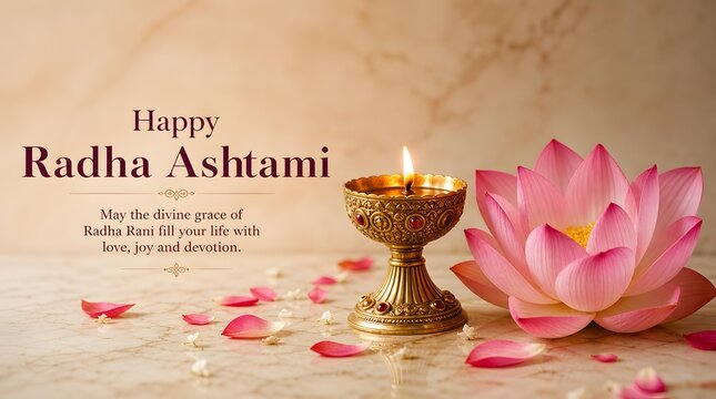 Ornate Brass Oil Diya Lamp with Blooming Lotus Flower and Rose Petals for Happy Radha Ashtami Festival Greeting Banner Background