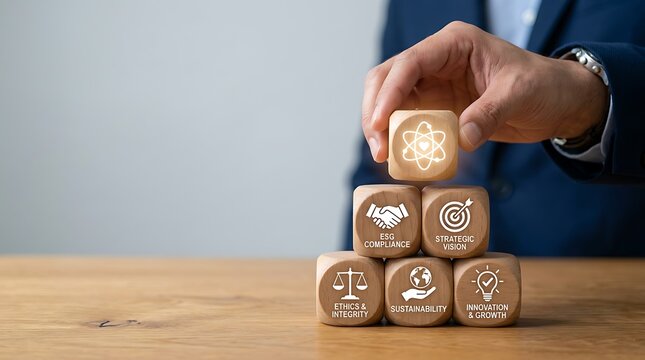 Businessman stacking wooden blocks with business strategy icons for corporate growth