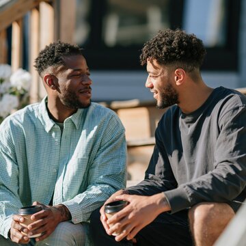 Two male friends enjoying takeaway coffee and chatting outdoors on wooden steps for lifestyle banner and casual social background
