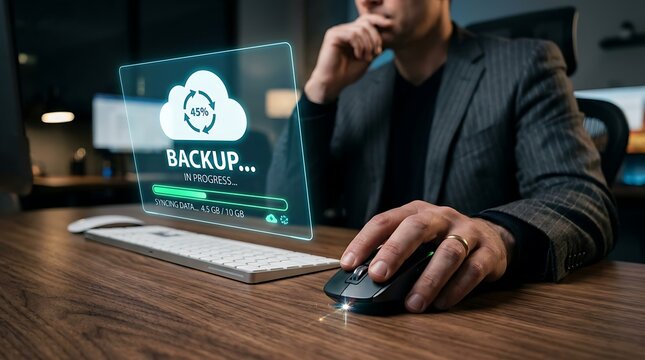 Businessman using computer mouse to initiate cloud data backup on digital interface