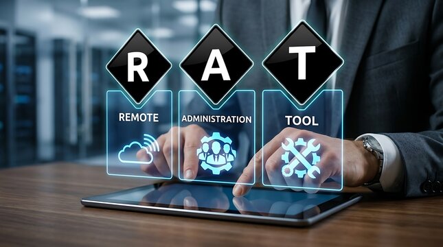 Businessman using digital tablet with Remote Access Tool RAT cybersecurity interface icons
