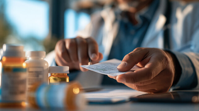 Clinical pharmacist's hands study a printed medication list at eye level, a macro detail shot under mixed practical daylight showing two physical items aligned beside an anonymous