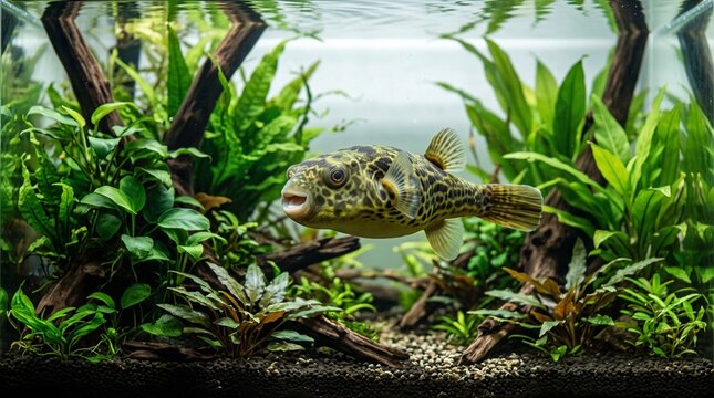 Freshwater puffer fish tank, Spotted puffer fish swimming in a planted freshwater aquarium