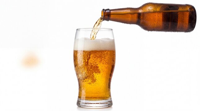 Golden beer pouring from cold brown glass bottle into elegant tall glass creating bubbly white foam on white background