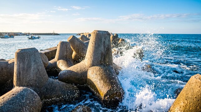 Harbor breakwater armor, Concrete tetrapods protecting seashore with waves splashing at breakwater  