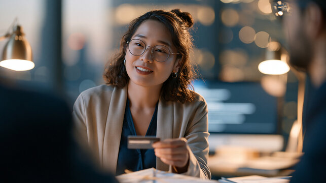 Environment-first: medium shot with foreground framing in an evening-lit office &mdash; identity reviewer holds a payment card over a sealed evidence envelope placed between