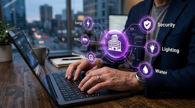 Manager using smart building interface to control energy and security systems on laptop