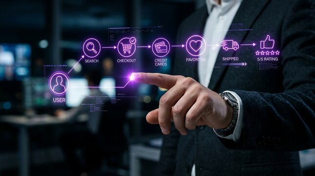 Businessman touching digital customer journey interface for e-commerce sales optimization