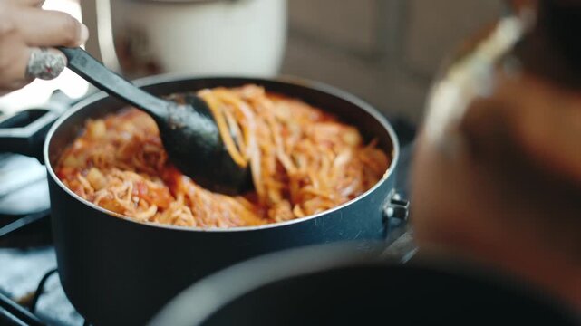 Woman's hand stirring a pot of delicious chicken tinga, a traditional mexican shredded chicken stew