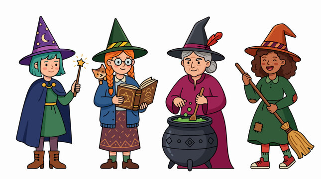 Colorful cartoon witches with magical accessories