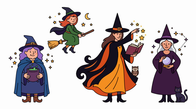 Colorful Witches Casting Spells and Flying on Broom