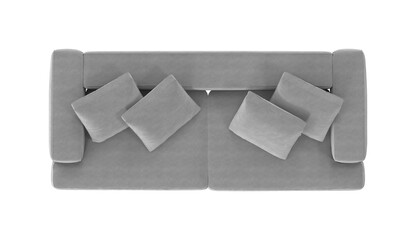 Obraz premium Top view of a modern gray sofa with four plush throw pillows on a white background