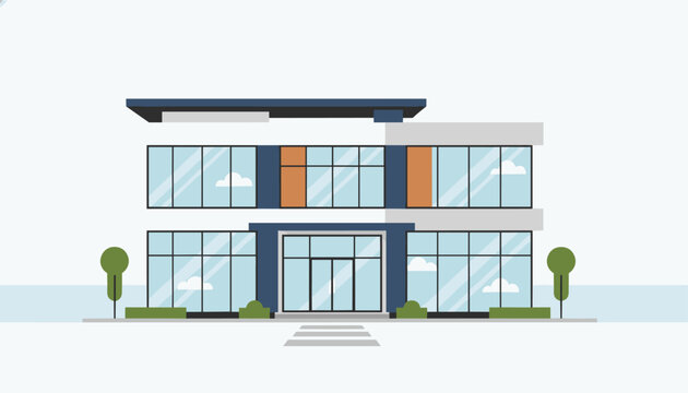 Modern two story office building with massive glass windows, stylish corporate facade, and small green trees in front.