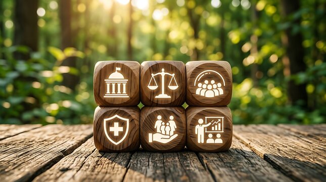 Wooden blocks with business and legal icons on a rustic table in a forest setting.