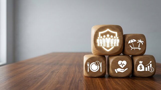 Wooden blocks with employee benefits icons representing corporate insurance and wellness plans.
