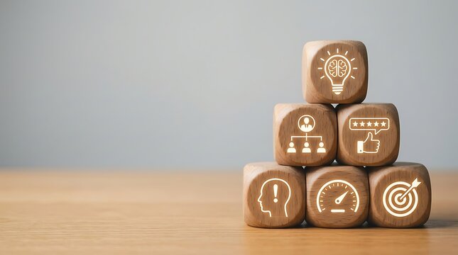 Wooden blocks stacked in a pyramid with business strategy and management icons.