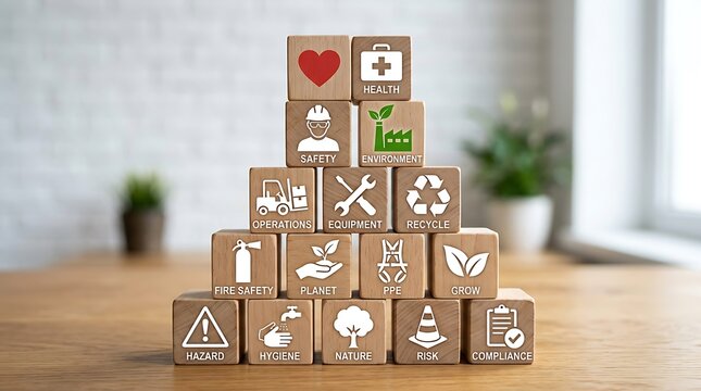 Wooden blocks stacked in a pyramid with various safety and sustainability icons on table.
