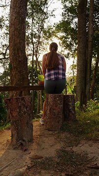 Woman Walks Through Forest and Sits on a Tree Stump, Viewed From Behind in Warm Sunlight, Supporting Outdoor Lifestyle and Wellbeing Vertical video.