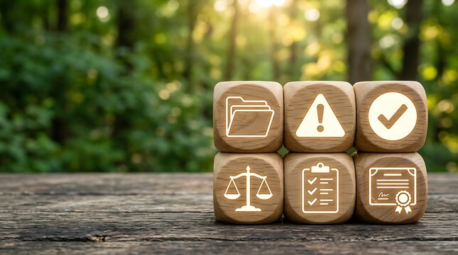 Wooden blocks with legal icons for compliance, regulation, and business law concepts