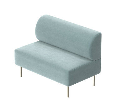 Modern light blue upholstered sofa with rounded back and metal legs