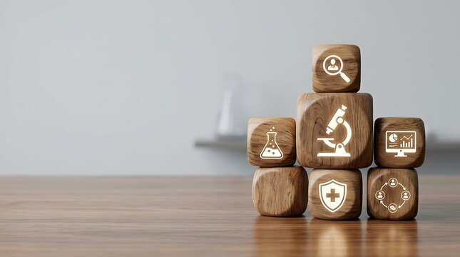 Wooden blocks with medical icons for healthcare research and clinical diagnostics concepts